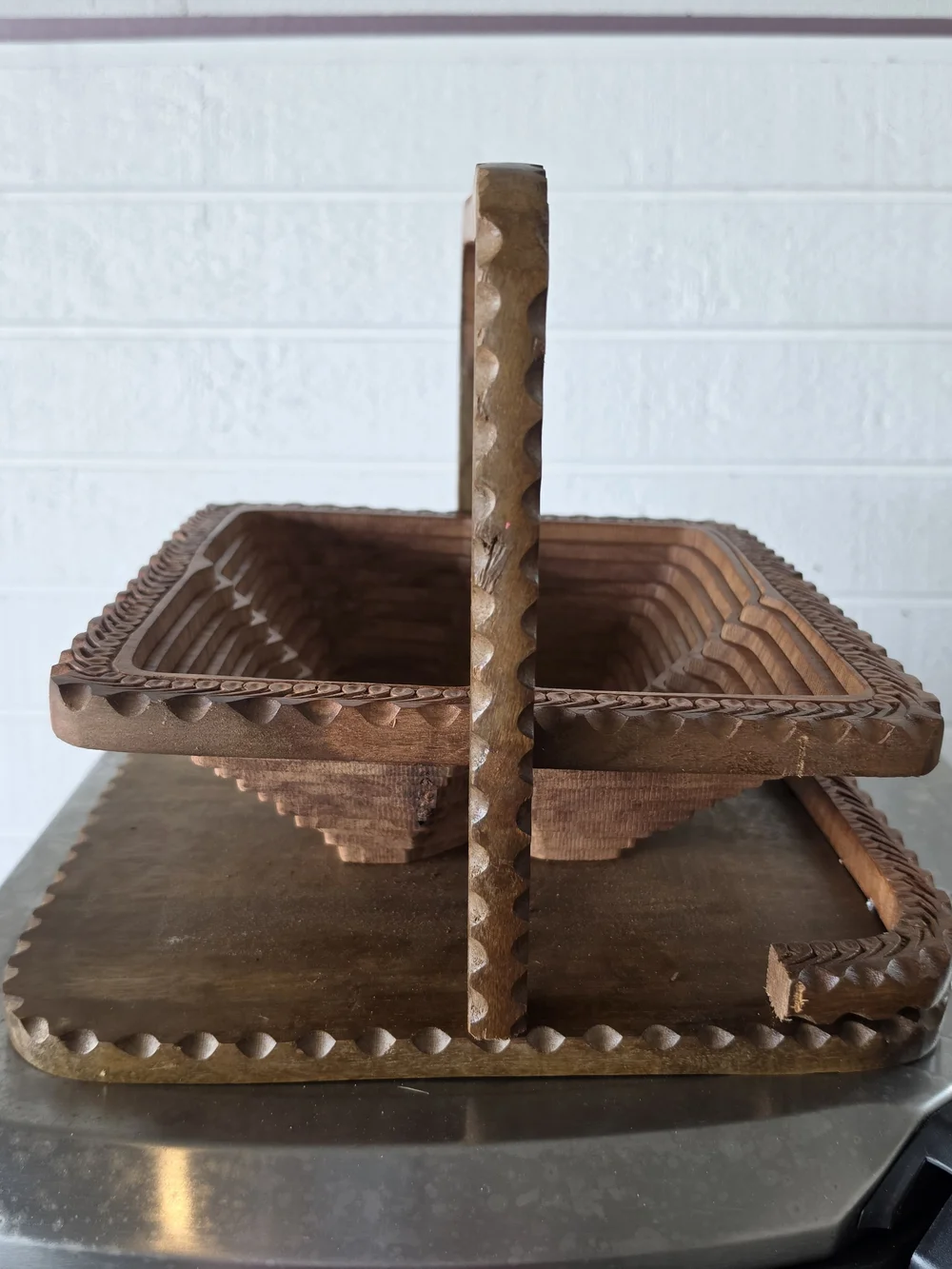 Hand-Carved Wooden Serving Basket - Brown